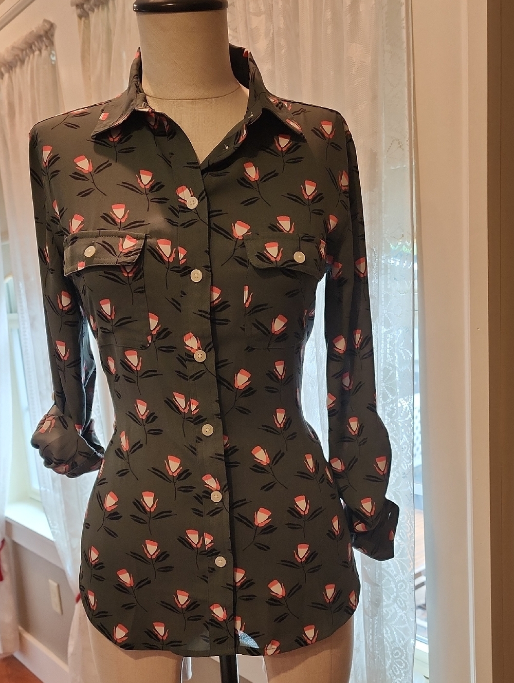 LOFT Olive Green Button-Down Shirt with Pink Floral Print